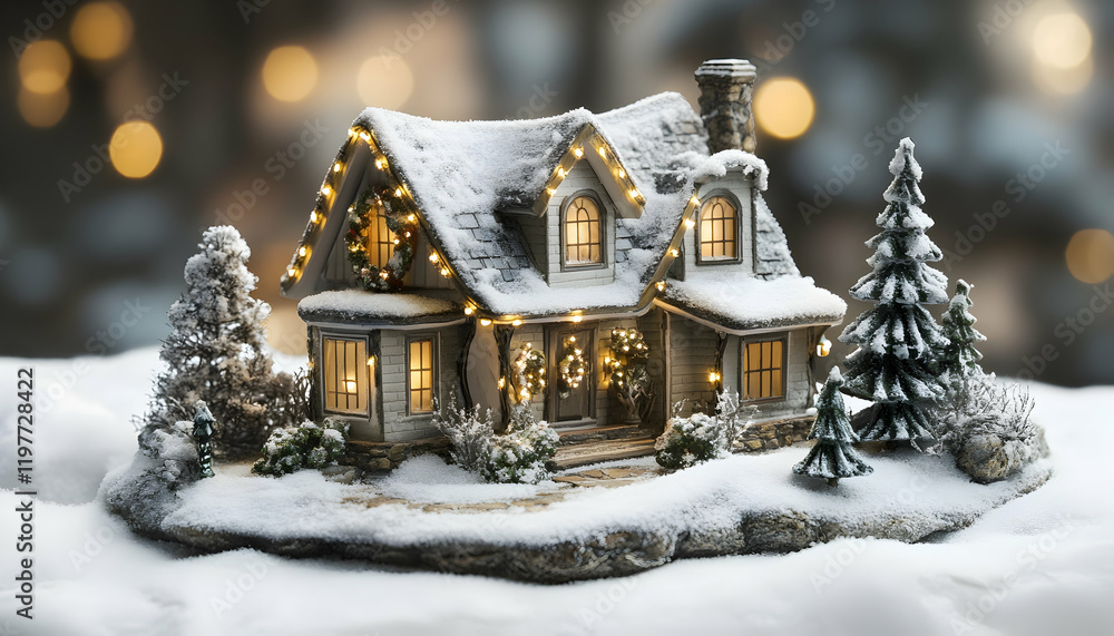 Miniature snowy house adorned with lights and decorations, set in a magical winter scene - Miniature snowy house adorned with lights and decorations, set in a magical winter scene -
