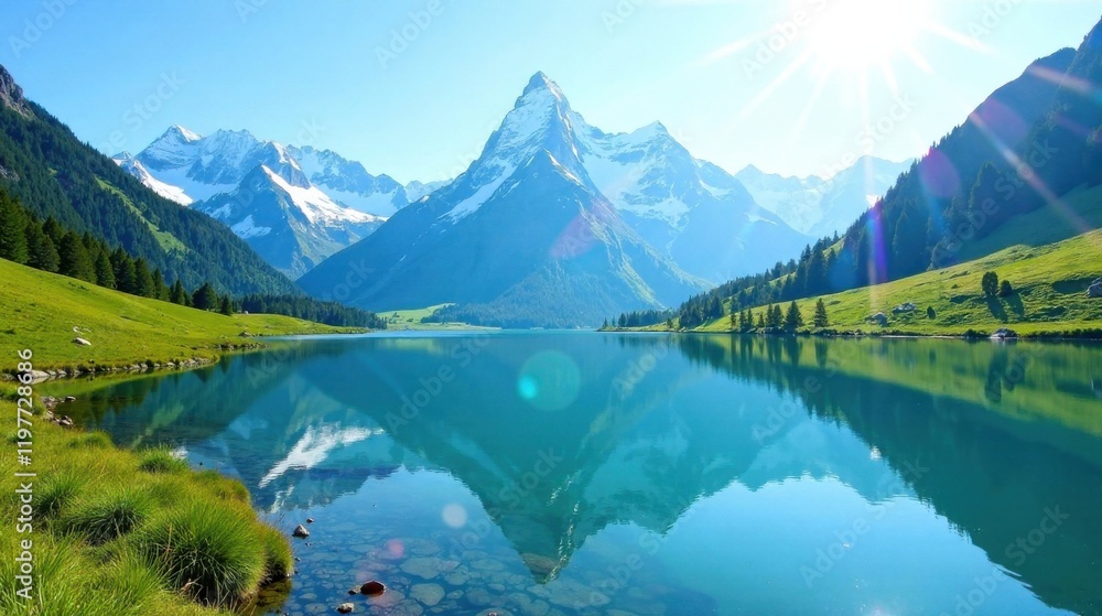 Serene Mountain Lake Reflection A Picturesque Vista of Majestic Peaks and Lush Green Meadows under a Sunny Sky Serene Mountain Lake Reflection A Picturesque Vista of Majestic Peaks and Lush Green Meadows under a Sunny Sky