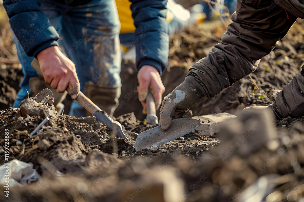 Archaeologist Carefully Excavating Fossilized Artifact Bones Skeletons in Field, Generative AI Archaeologist Carefully Excavating Fossilized Artifact Bones Skeletons in Field, Generative AI