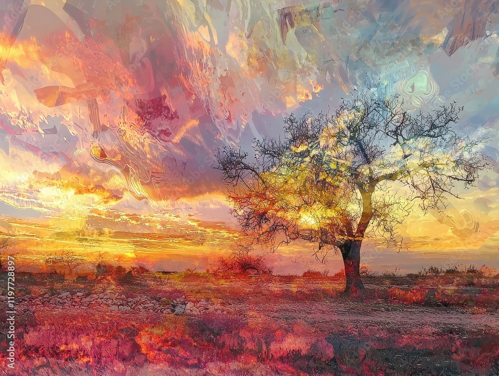 Vibrant sunset over abstract landscape nature art fusion modern collage artistic environment serene viewpoint Vibrant sunset over abstract landscape nature art fusion modern collage artistic environment serene viewpoint