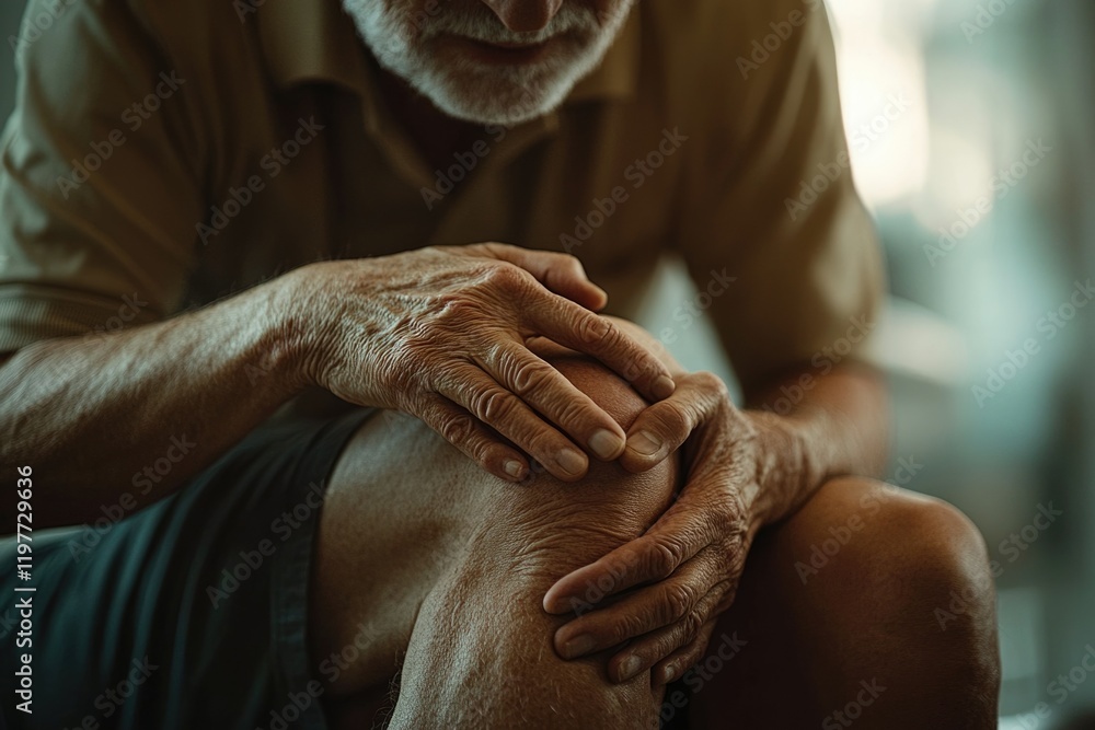 Fototapeta premium Elderly man experiencing knee pain, holding his aching knee with both hands.