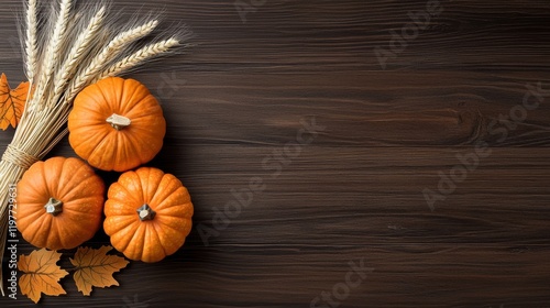 pumpkins and wheat on a wooden background