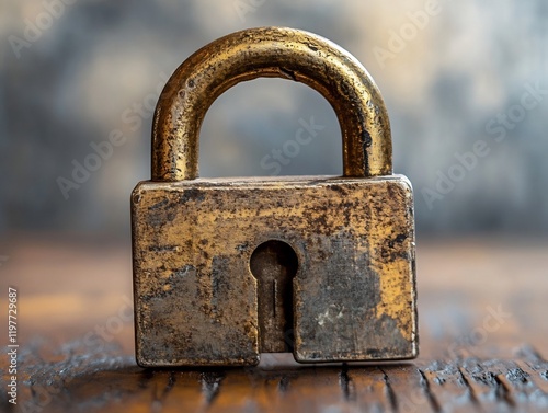 Rustic brass padlock sits subtly on aged wood warm light enhances texture. AI Generated photo