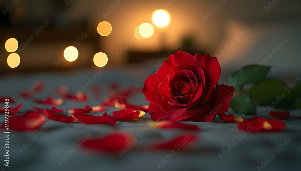 Romantic red rose, bedroom, candlelight, petals, love Romantic red rose, bedroom, candlelight, petals, love