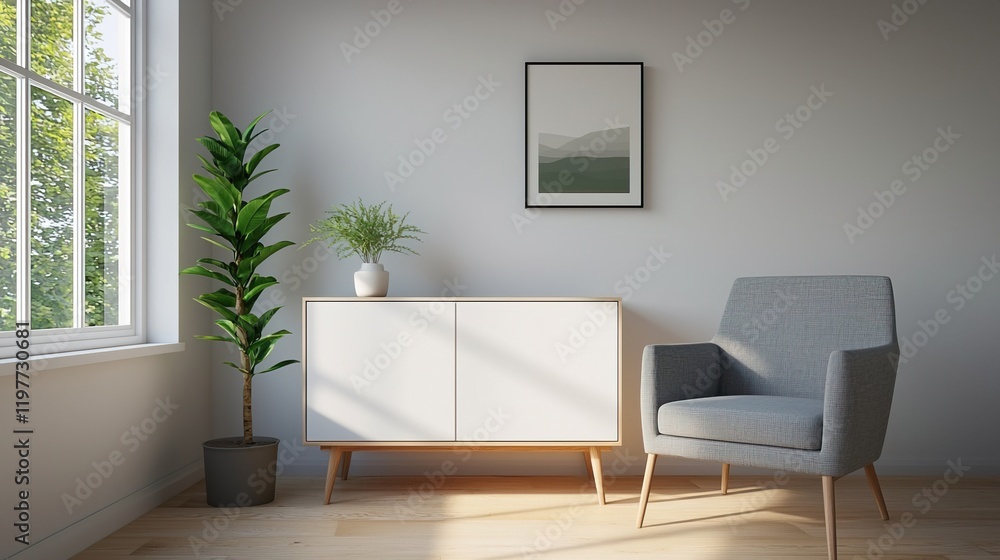 Fototapeta premium Minimalist Scandinavian Apartment Decor Idea, Scandinavian minimal sideboard with chair concept.