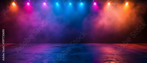 Wallpaper Mural Neon lights and spotlights illuminating a dark, smoky street with a textured concrete floor, creating an abstract, atmospheric studio setting  - Torontodigital.ca