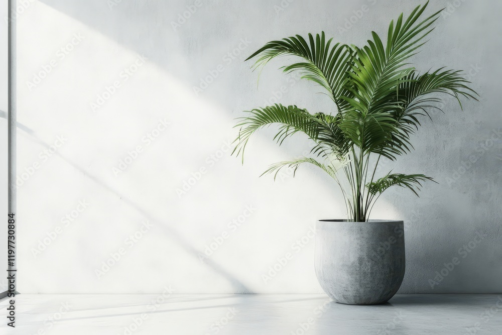 Fototapeta premium A potted palm plant stands against a white wall