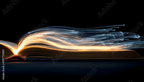 Open book with glowing light trails symbolizing speed reading and learning innovation -