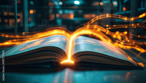 Open book with glowing light trails symbolizing speed reading and learning innovation - photo