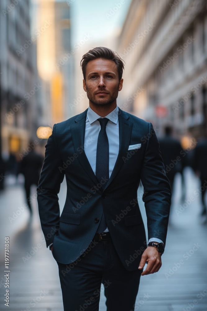Man in business attire with serious expression, navigating through urban setting Man in business attire with serious expression, navigating through urban setting