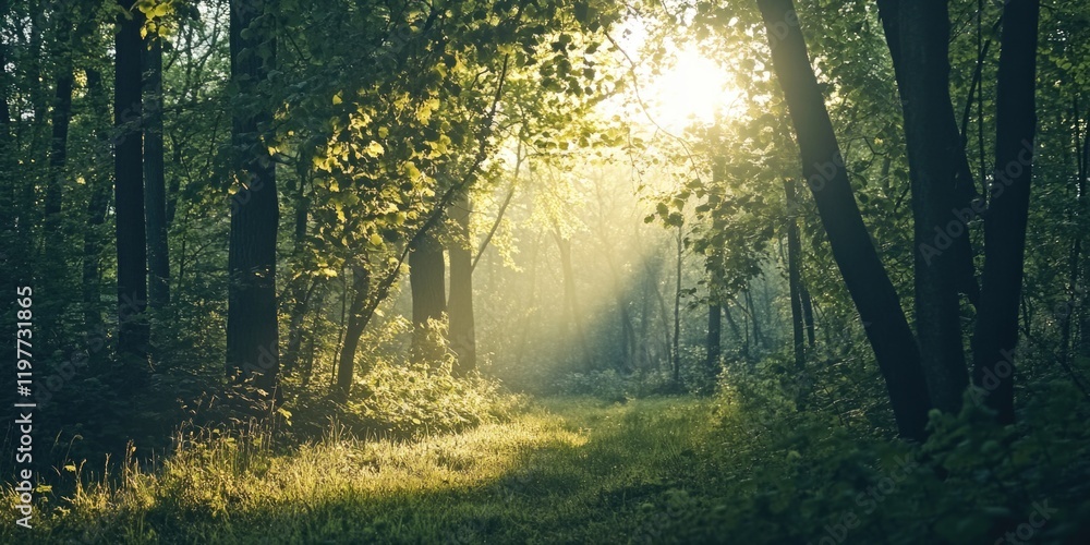 Obraz premium Wooded trail with sunlight filtering through the canopy.