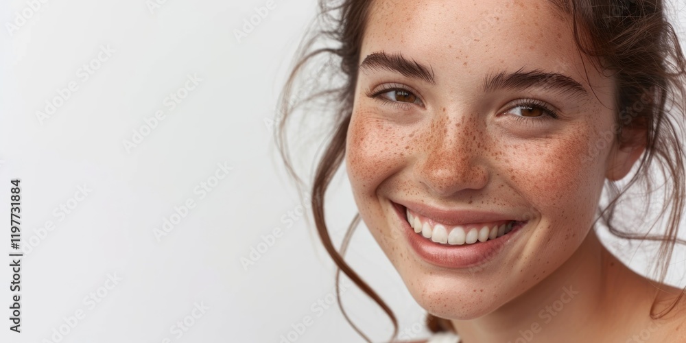 Friendly face of a young woman with visible freckles, smiling brightly at the camera, exuding confidence and warmth. Friendly face of a young woman with visible freckles, smiling brightly at the camera, exuding confidence and warmth.