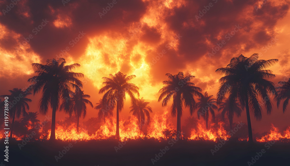 Obraz premium Palm trees silhouetted against a fiery wildfire at sunset, creating a striking landscape -