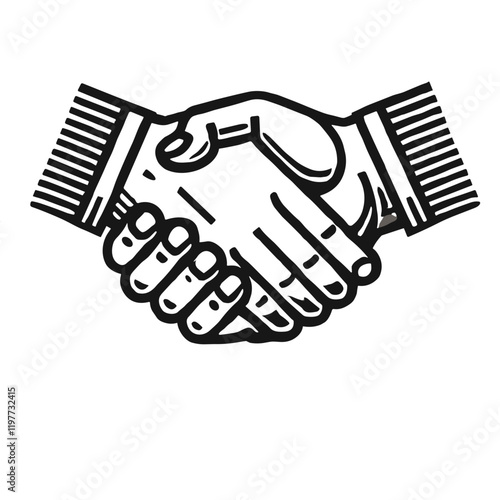 A minimalistic black-and-white line art icon of business agreement handshake in a clean vector design