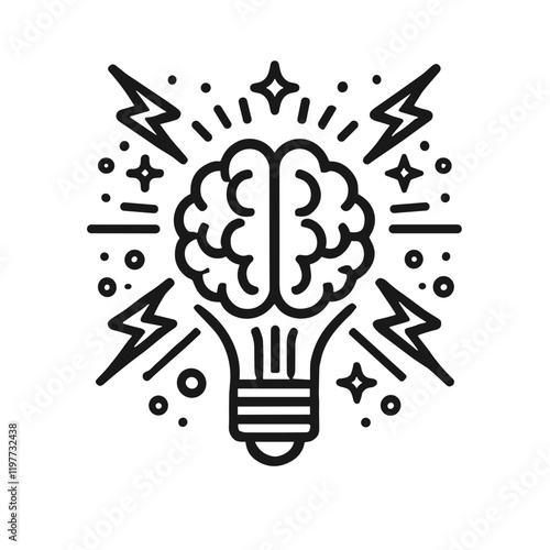A minimalistic black-and-white line art icon of brain storm power thinking in a vector style design