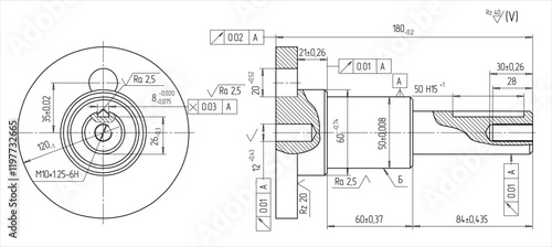 Assembly drawing of shaft of electrical reducer.
Vector design of steel mechanical device with 
dimension lines.
Engineering technic computer cad scheme on 
paper sheet. Hand drawn pencil sketch.