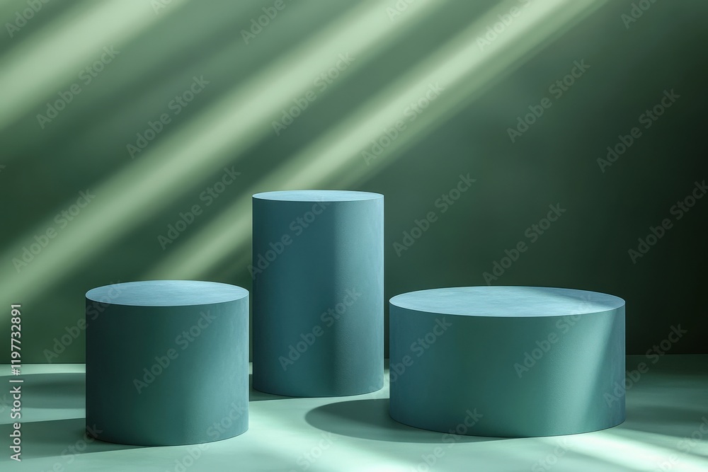 Three Teal Cylinders on Green Background Three Teal Cylinders on Green Background