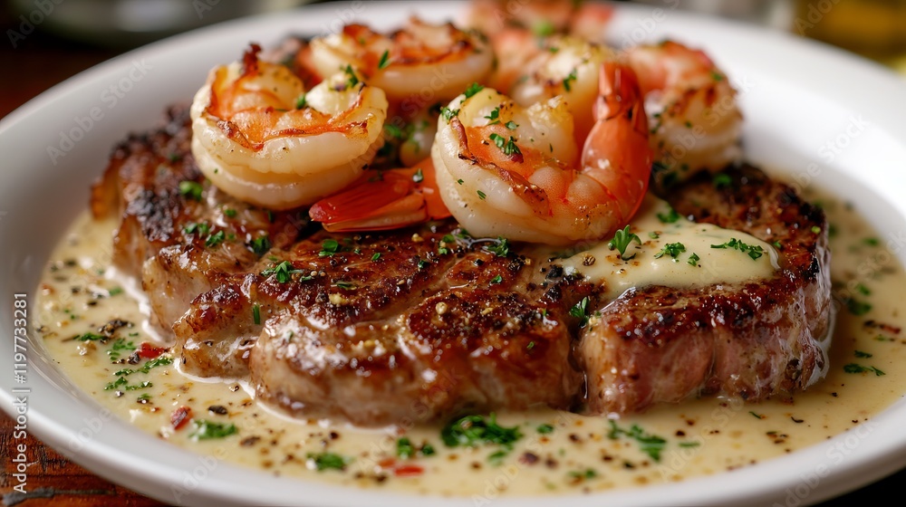 Scrumptious Steak with Savory Shrimp and Creamy Sauce - A Culinary Delight Scrumptious Steak with Savory Shrimp and Creamy Sauce - A Culinary Delight