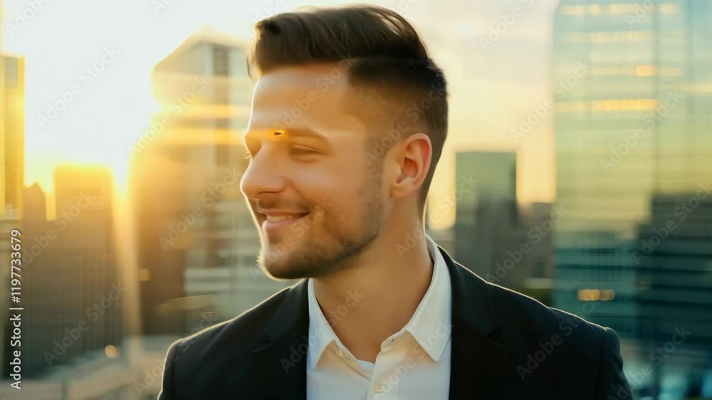 A confident man in a suit smiling with a glowing sunset city skyline in the background, exuding charisma and ambition. Great for business, lifestyle, urban life, or professional themes A confident man in a suit smiling with a glowing sunset city skyline in the background, exuding charisma and ambition. Great for business, lifestyle, urban life, or professional themes
