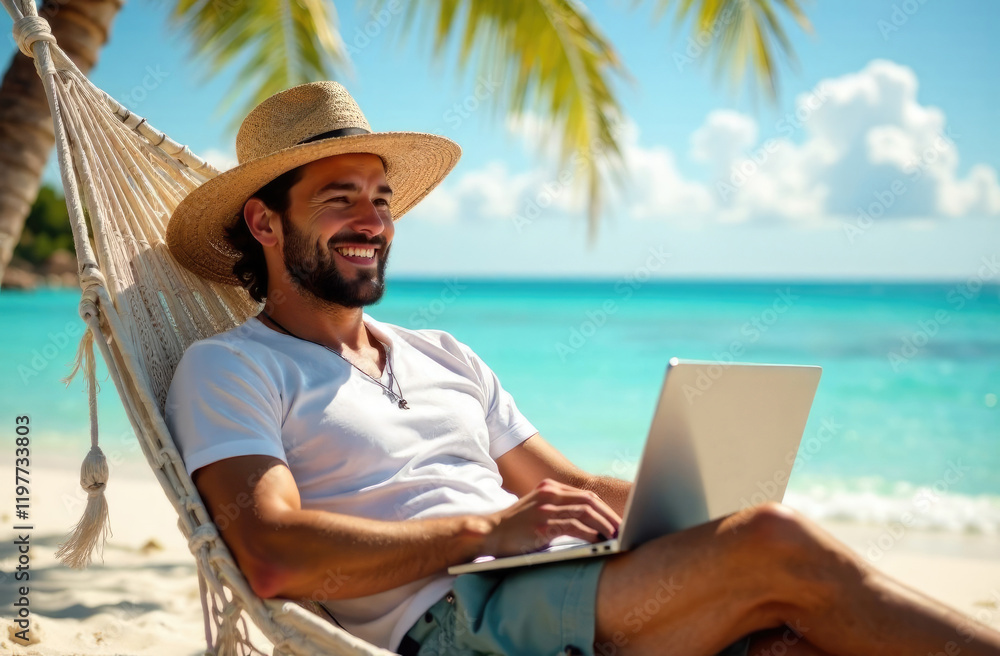 custom made wallpaper toronto digitalA man works on a laptop on the beach, lying on a hammock with a stunning view of the sea.