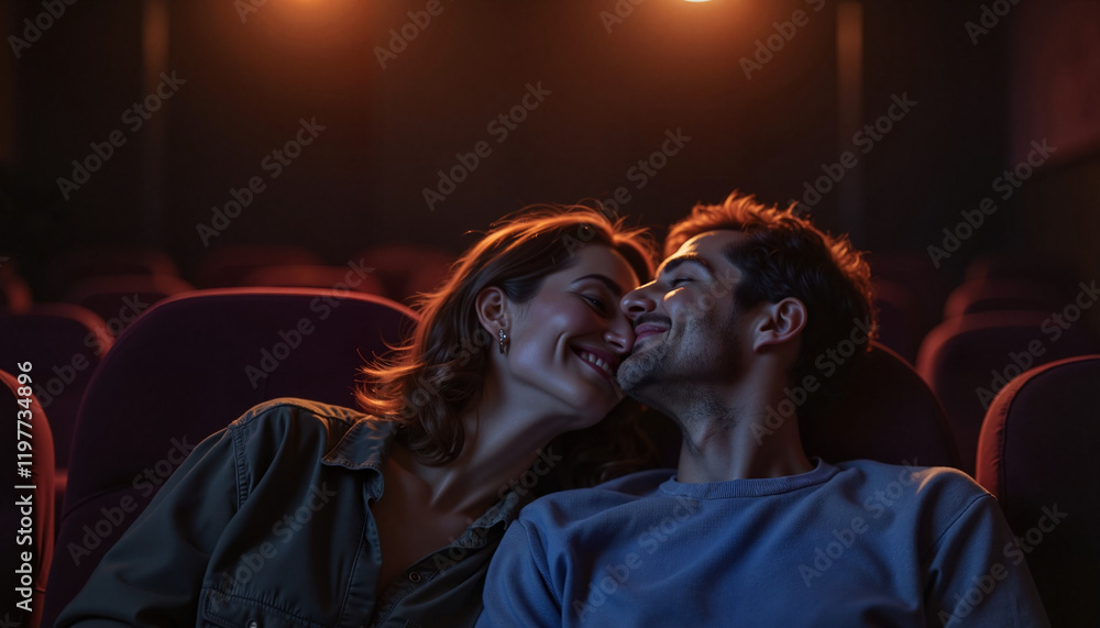 Couple sharing intimate whispers during movie, warm theater glow Couple sharing intimate whispers during movie, warm theater glow