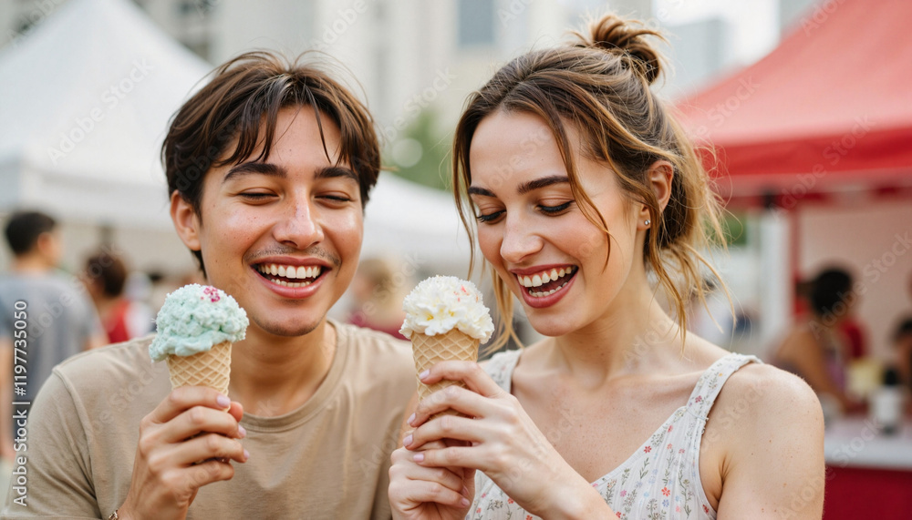Playful couple laughing with ice cream cones at outdoor festival, joy Playful couple laughing with ice cream cones at outdoor festival, joy