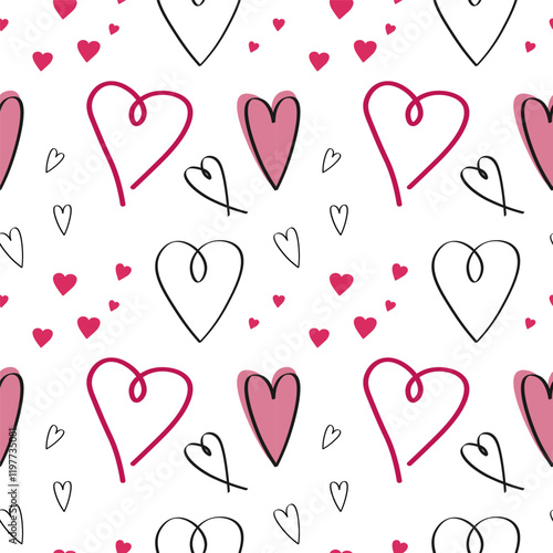 Vector seamless pattern with hearts. Hand drawn festive repeating background for Valentine day, congratulation, birthday. Design rapport for print, textile, wrapping, paper, postcard, banner, flyer