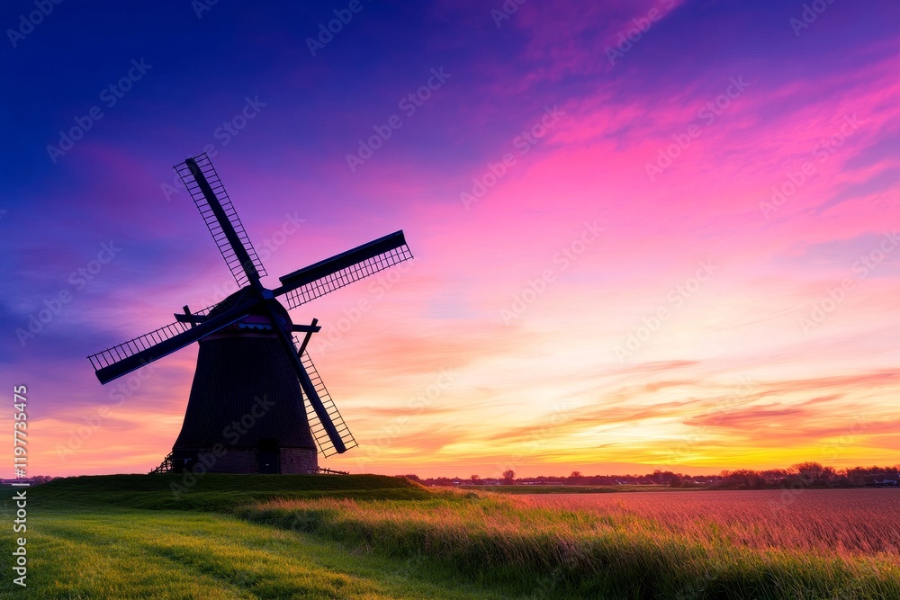 Windmill Silhouette at Sunset - Serene sunset scene, windmill silhouette, vibrant sky, peaceful countryside, nature's beauty. Symbolising tranquility, energy, heritage, progress, and rural life. Windmill Silhouette at Sunset - Serene sunset scene, windmill silhouette, vibrant sky, peaceful countryside, nature's beauty. Symbolising tranquility, energy, heritage, progress, and rural life.
