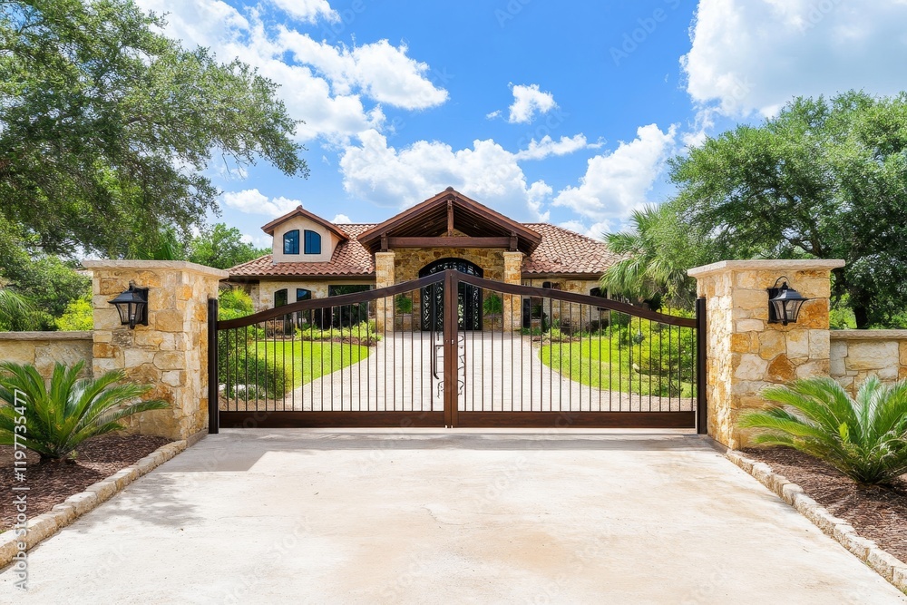 Wide Automatic Sliding Gate with Remote Control - Luxury home entrance, featuring a wide automatic sliding gate with remote control, enhancing security and curb appeal. Modern design, elegant style, Wide Automatic Sliding Gate with Remote Control - Luxury home entrance, featuring a wide automatic sliding gate with remote control, enhancing security and curb appeal. Modern design, elegant style,