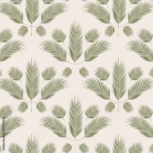 Palm tree leaves seamless repeat pattern, hand drawn illustration tropical sage green palm leaf shape neutral beige plain background, elegant stylish chic natural minimalist botanical foliage print