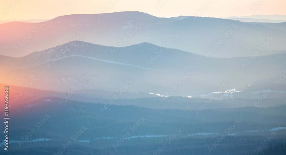 Obraz premium Aerial view drone Sheregesh, Kemerovo, Russia, mountains and forest, winter ski resort.