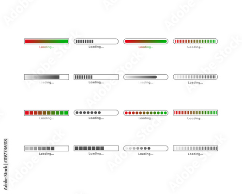 Collection Loading bar status icon. Vector illustration. Set of vector loaded icons. Download progress. Donload or Upload.