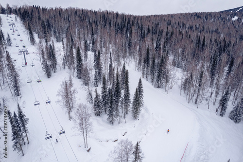 Winter Sheregesh Kemerovo region, Russia, panorama of Mount Zelenaya and Mustag Aerial top view photo