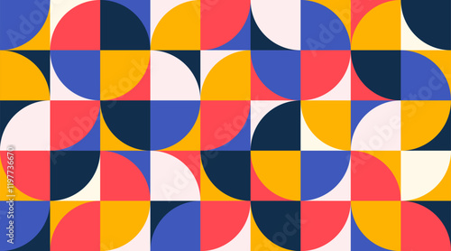 Trendy bauhaus style geometric pattern. Modern colorful background with simple elements. Geometric shapes retro texture concept. Design for print, presentation, minimalist poster. Vector illustration