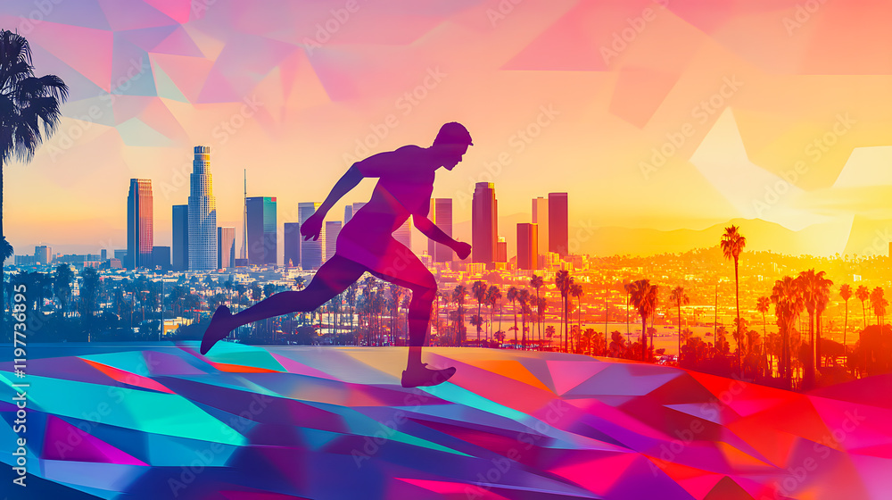 Sprinter in motion against stylized urban skyline at dusk Sprinter in motion against stylized urban skyline at dusk