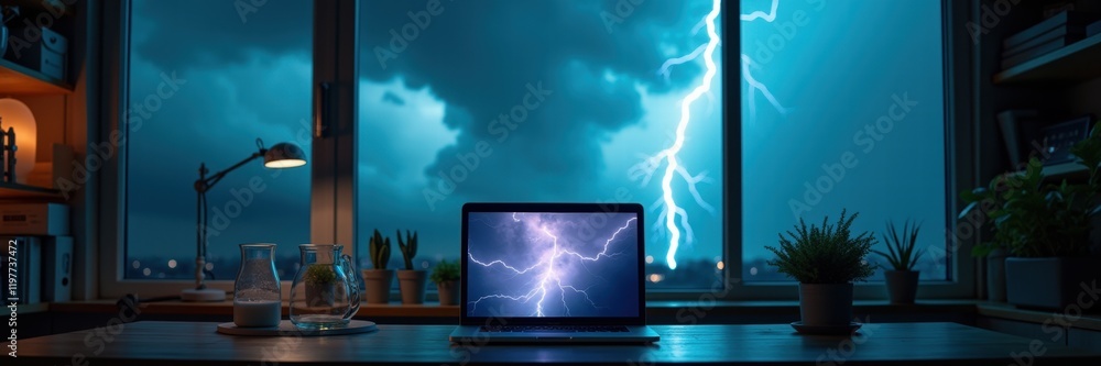A dramatic view of a stormy night through a window, showcasing a laptop illuminated by lightning, perfect for themes of technology, nature, and inspiration. A dramatic view of a stormy night through a window, showcasing a laptop illuminated by lightning, perfect for themes of technology, nature, and inspiration.