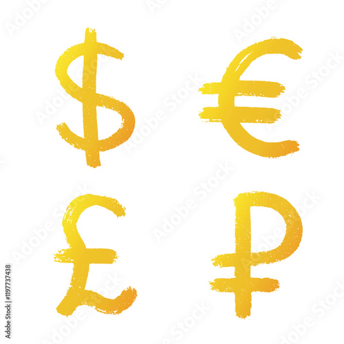 Hand drawn multiple gold currencies symbol set Dollar euro pound ruble