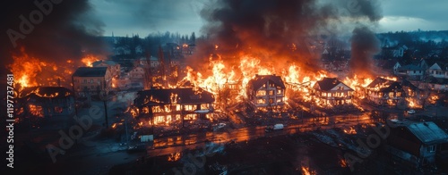 Devastating scene of a neighborhood engulfed in flames, with multiple houses in fire and smoke billowing into the dark sky. Destructive power of fire and widespread devastation.