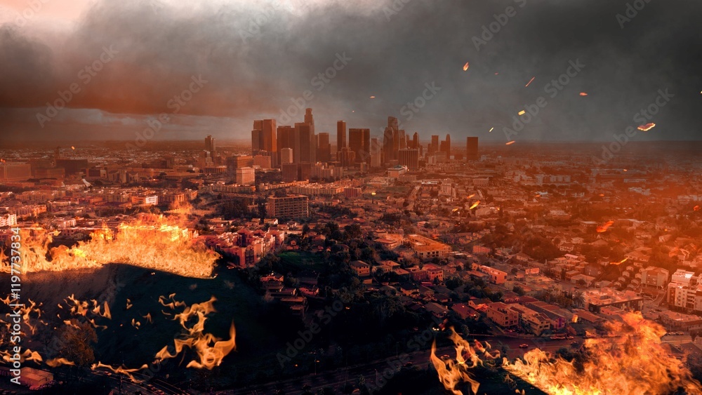 Wildfire engulfs urban landscape in Los Angeles as flames threaten the city skyline