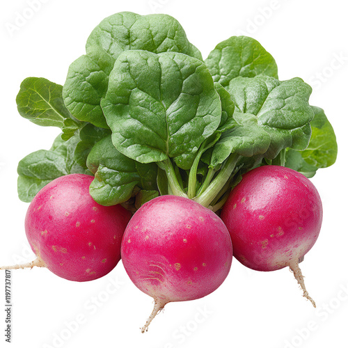 Fresh radishes with green leaves ready for harvest in early spring isolated on transparent background