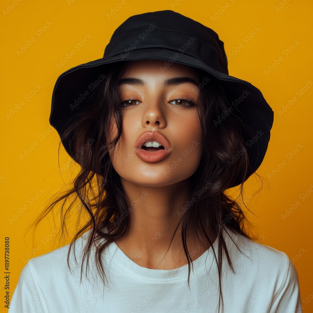dame portant un chapeau seau tirant la langue à la manière chicano de Los Angeles, fond jaune dame portant un chapeau seau tirant la langue à la manière chicano de Los Angeles, fond jaune