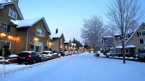 Wallpaper Mural Dolly backward ambient light, a snow-covered suburban street in winter, lined with traditional colonial-style homes, smoke rises gently from chimneys, christmas lights twinkle, fresh footprints Torontodigital.ca