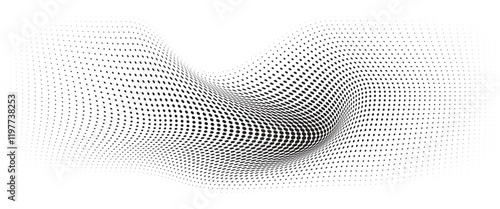 Flowing Wave Dot Halftone Pattern: Curve Gradient Shape on Transparent Background. Suitable for AI, Tech, Network, Digital, Science, and Technology Themes.