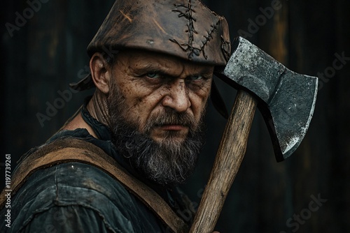 Portrait of a medieval executioner with a leather cap and an axe, conveying a sense of power and intimidation