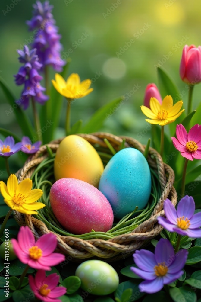 Colorful eggs nestled among spring wildflowers, vibrant, eggs, colorful Colorful eggs nestled among spring wildflowers, vibrant, eggs, colorful