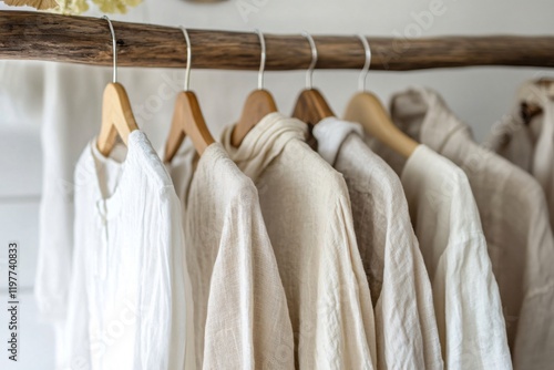 Stylish linen clothes in white, beige, and brown on a wooden bar in softly lit room, promoting eco friendly fashion choices. Ideal for boutiques showcasing trendy, sustainable designs