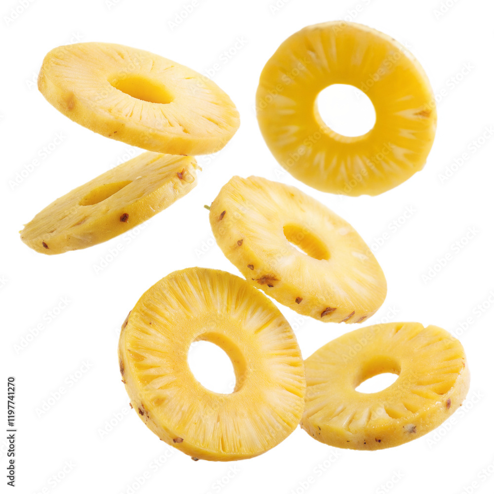 flying Pineapple rings isolated on white background