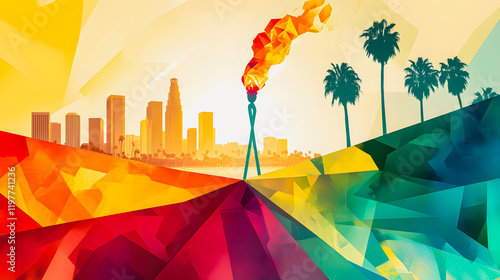 Abstract fiery globe resembling Olympic torch at center with colorful Los Angeles cityscape background featuring palm trees and skyscrapers – vibrant artistic illustration celebrating 2028 Olympics