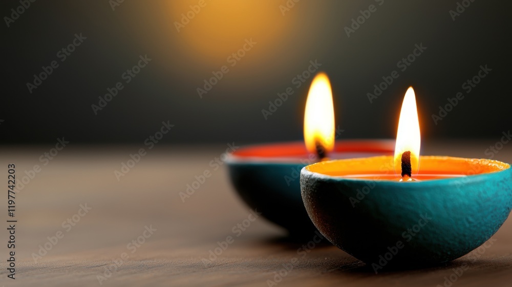 two blue and orange candles on a wooden table two blue and orange candles on a wooden table