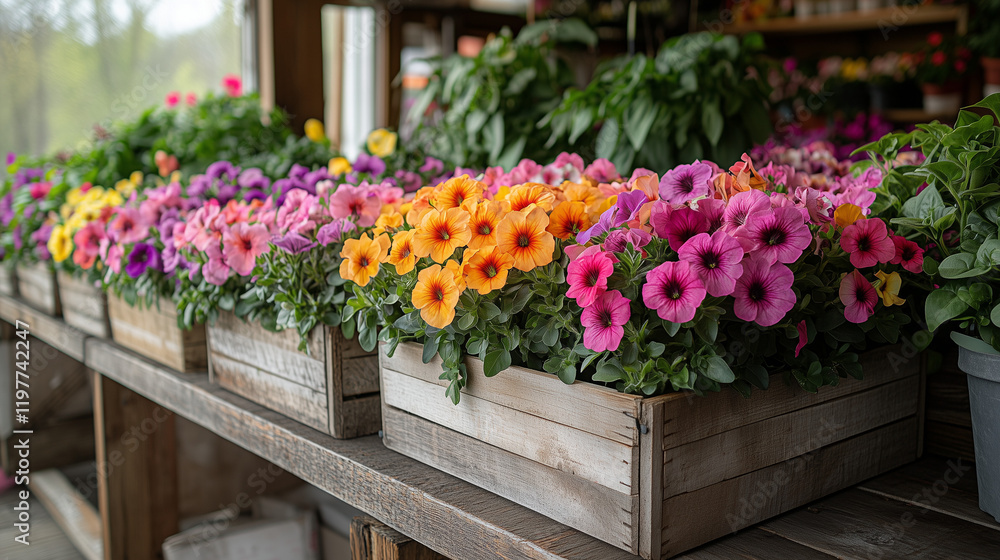 Colorful botanical scene, rows of blooming petunias and impatiens in a flower market with wooden crates and green plants, bright natural daylight Colorful botanical scene, rows of blooming petunias and impatiens in a flower market with wooden crates and green plants, bright natural daylight